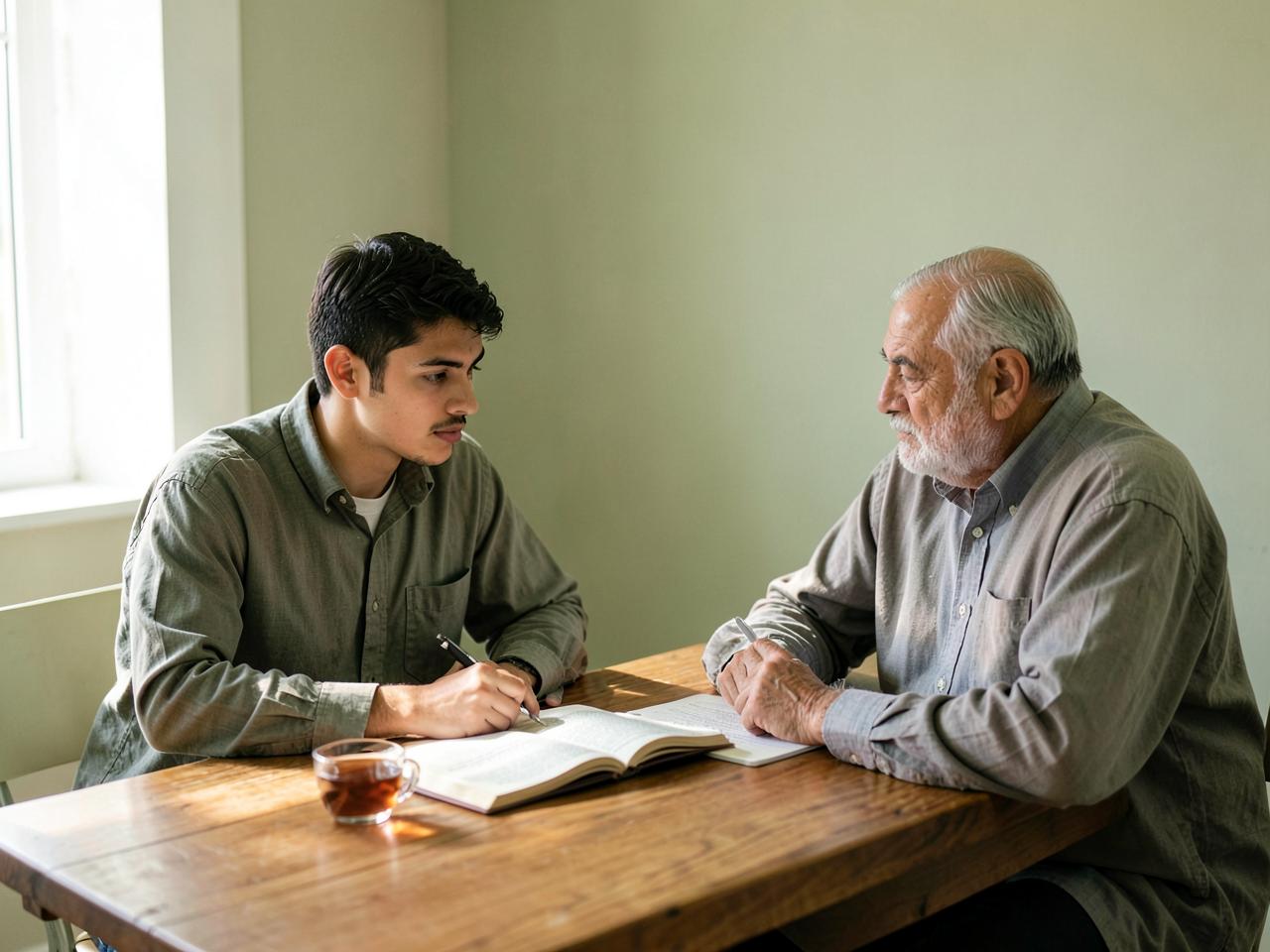 Un mentor conversa con un joven nuevo musulmán en la sala comunitaria