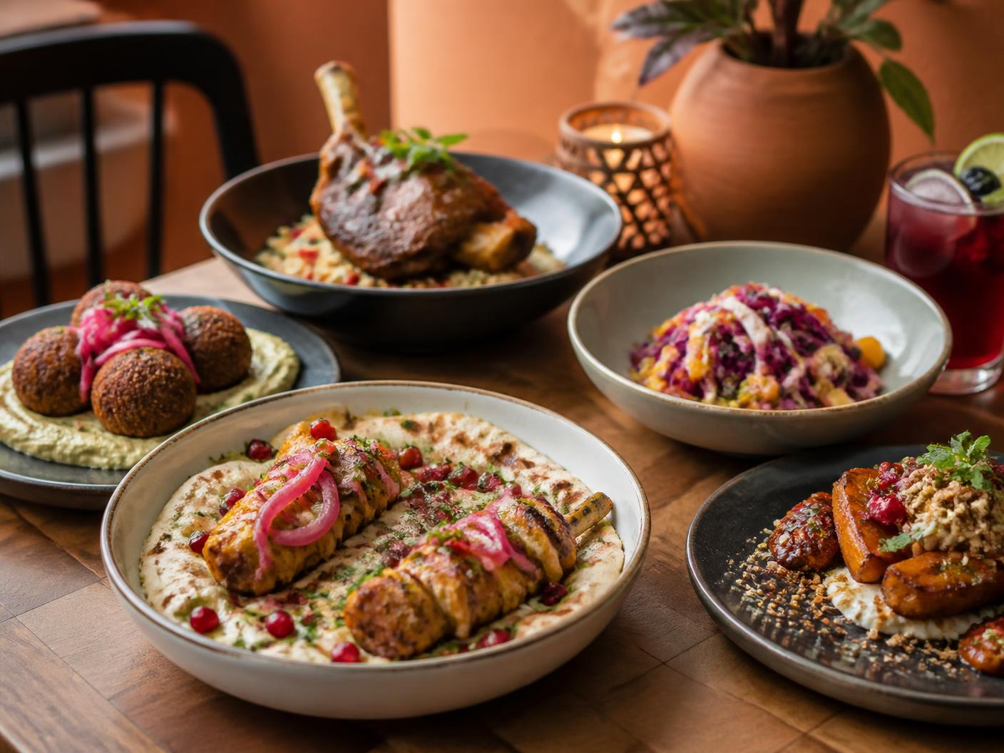 Platos halal de fusión colombiana y de Medio Oriente servidos en el restaurante